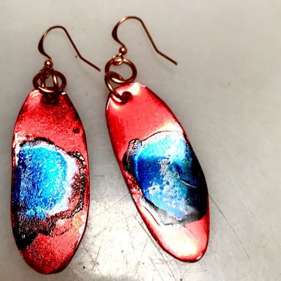 Blue Red Rustic Solid Copper Long Painted Earrings Handmade OOAK Bohemian Hippie - Picture 7 of 11